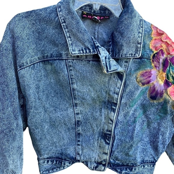 Vintage Denim Blue Jean Jacket Floral 80s Women’s Size Large - Picture 2 of 12